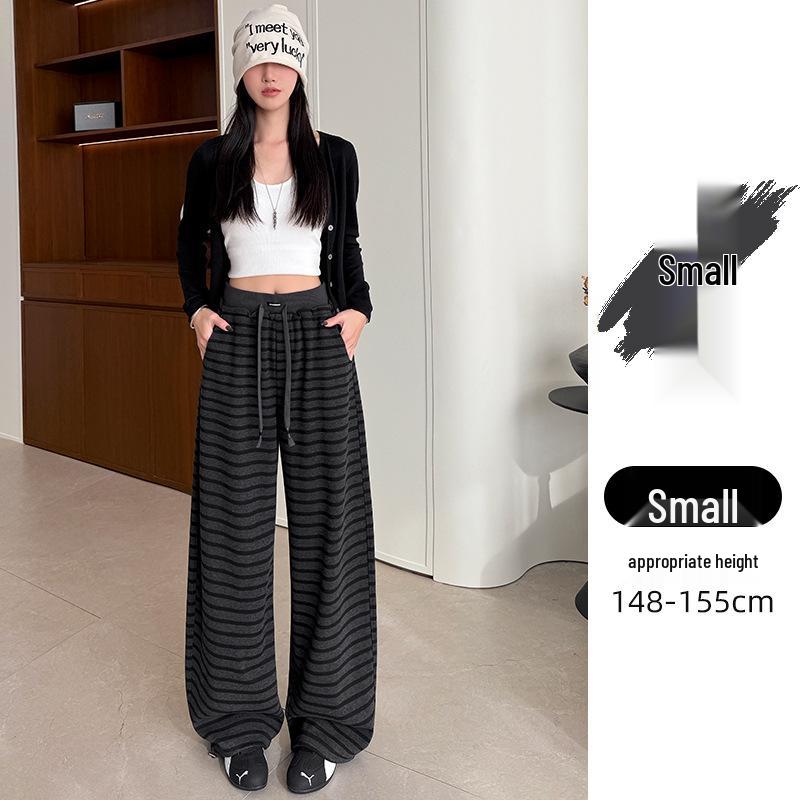 Women's High Waist Gray Striped Wide-Leg Pants - Early Spring 2026 Casual, Slimming, Relaxed Fit