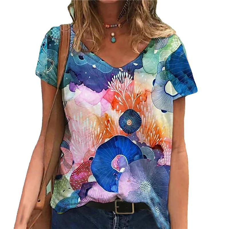 Oversized New 2025 Summer Women 3D Print Casual Street Hipster V-Neck Short Sleeve Clothing Loose