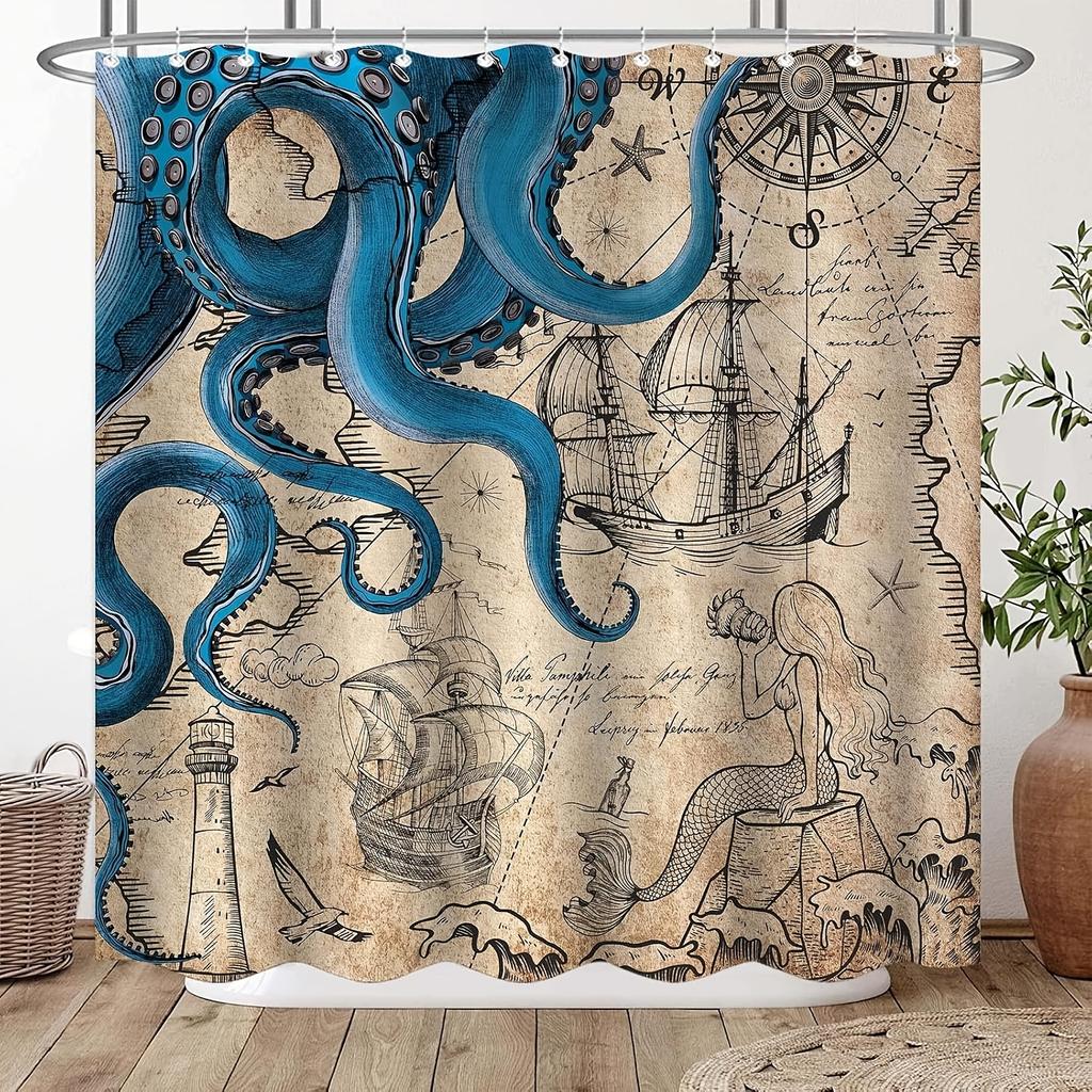 Beach Shower Curtain Ocean Shower Curtain - 1pc Navy Blue Mermaid Fun Shower Curtain Bathroom with 12 Plastic Hooks
