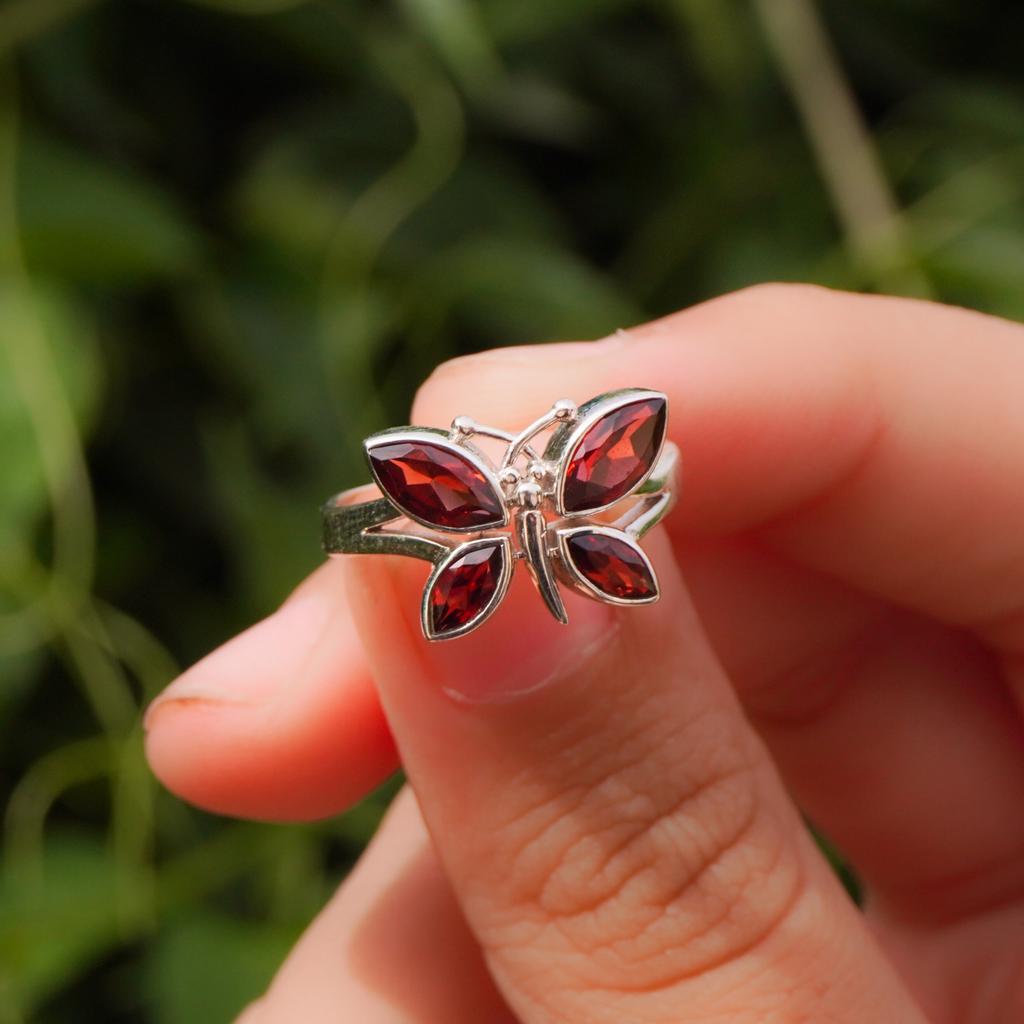 Natural Red Garnet Butterfly Ring, 925 Sterling Silver Charm Ring, Women's Ring, Promise Ring, Engagement Ring, Gift For Her