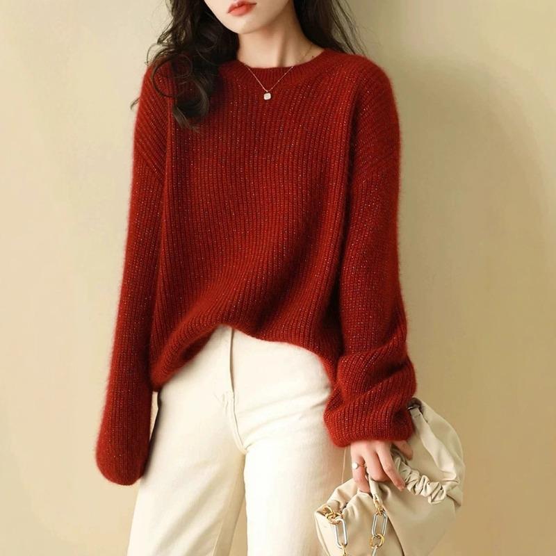 Red Bright Silk Sweater for Women in Autumn and Winter New European High-end Thickened Lazy Bottoming Sweater Retro Top