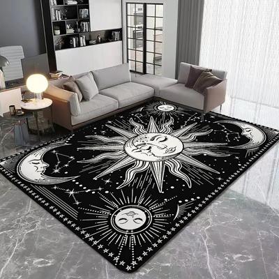 Black Mysterious Sun and Moon and Star Print Area Rugs Home Living Room Bedroom Large Carpet Non-slip Machine Washable Floor Mat