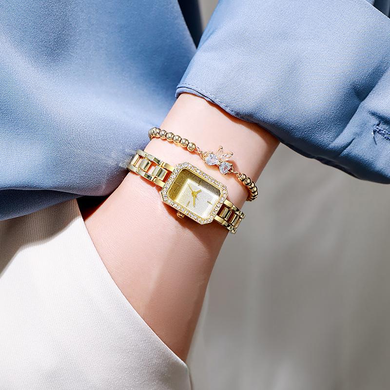 Korean Style Rhinestone Square Ladies' Watch - Starry Sky Quartz with Petite Bracelet