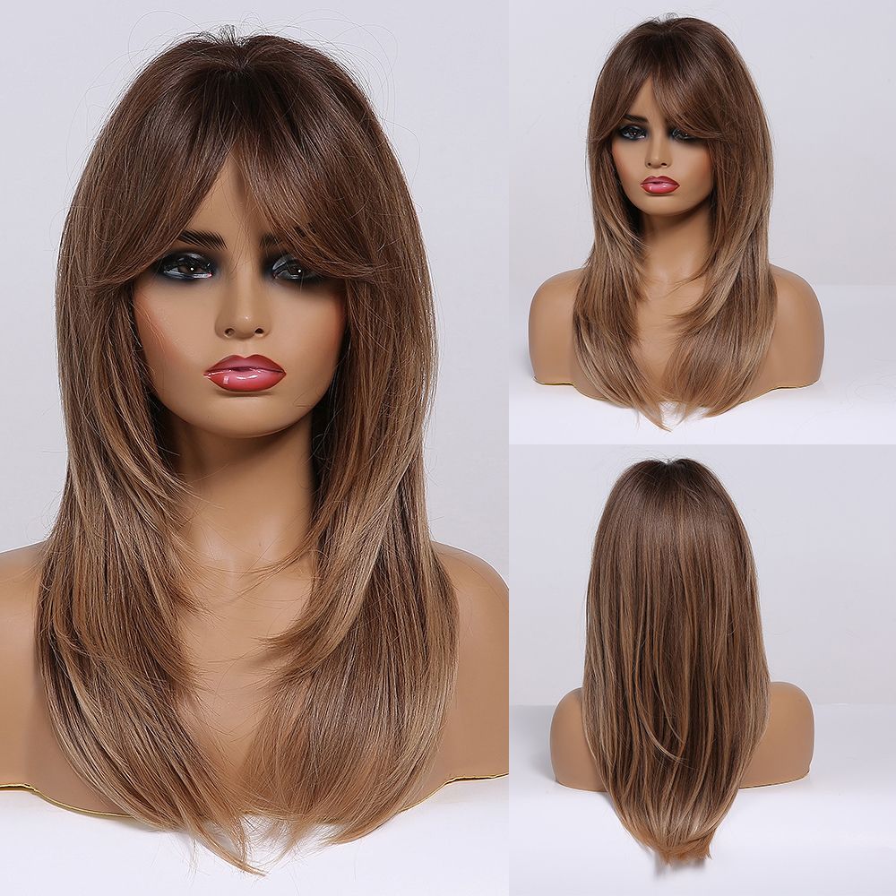 HAIRCUBE Lange gerade blonde synthetische Perücken mit Pony für Frauen, tägliche Cosplay-Perücken, hitzebeständige Perücken mit natürlichem Haaransatz