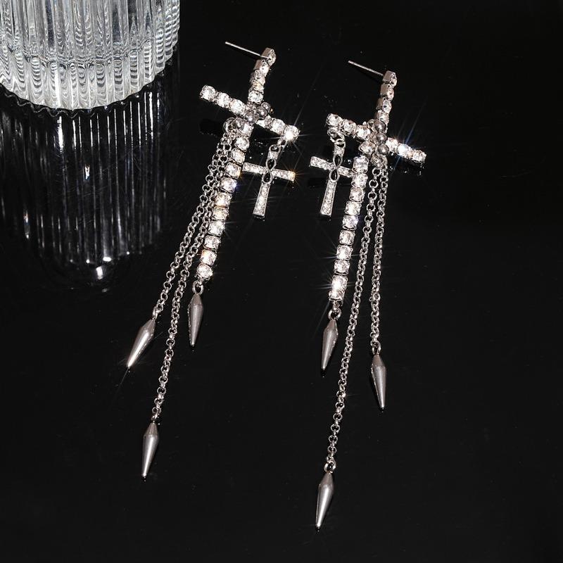Silbernadel Europäisch und Amerikanisch Diamantbesetztes Kreuz Lange Fransenohrringe