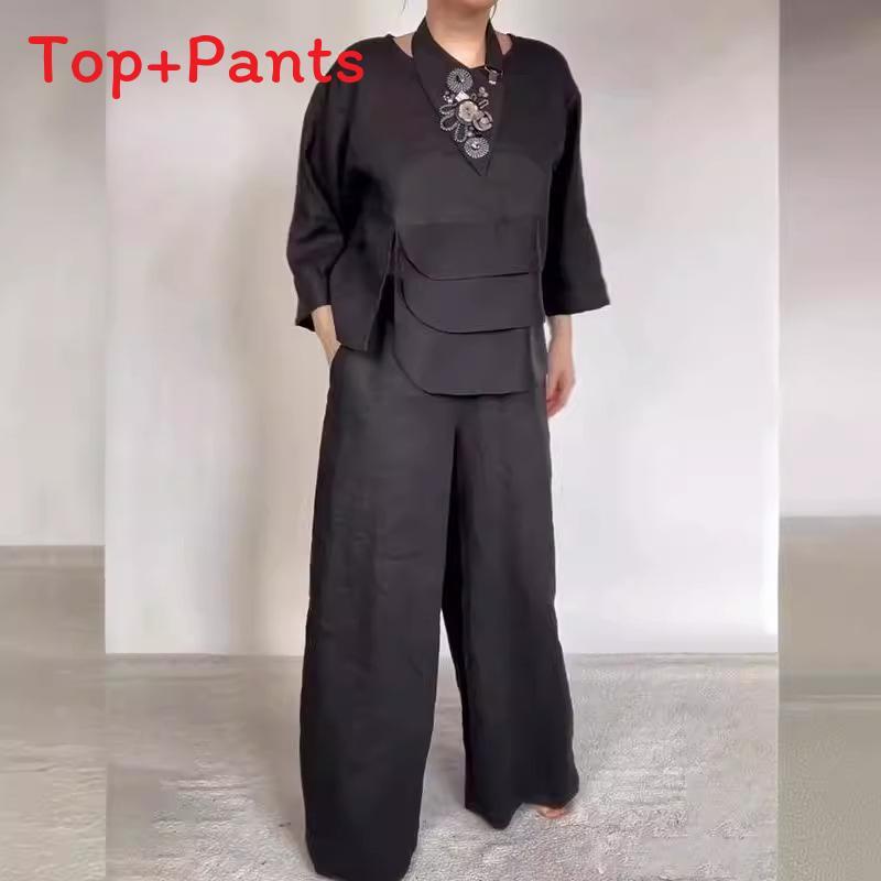 Classic Satin Shirt And Wide Leg Pants Set For Women With Pockets For Fall