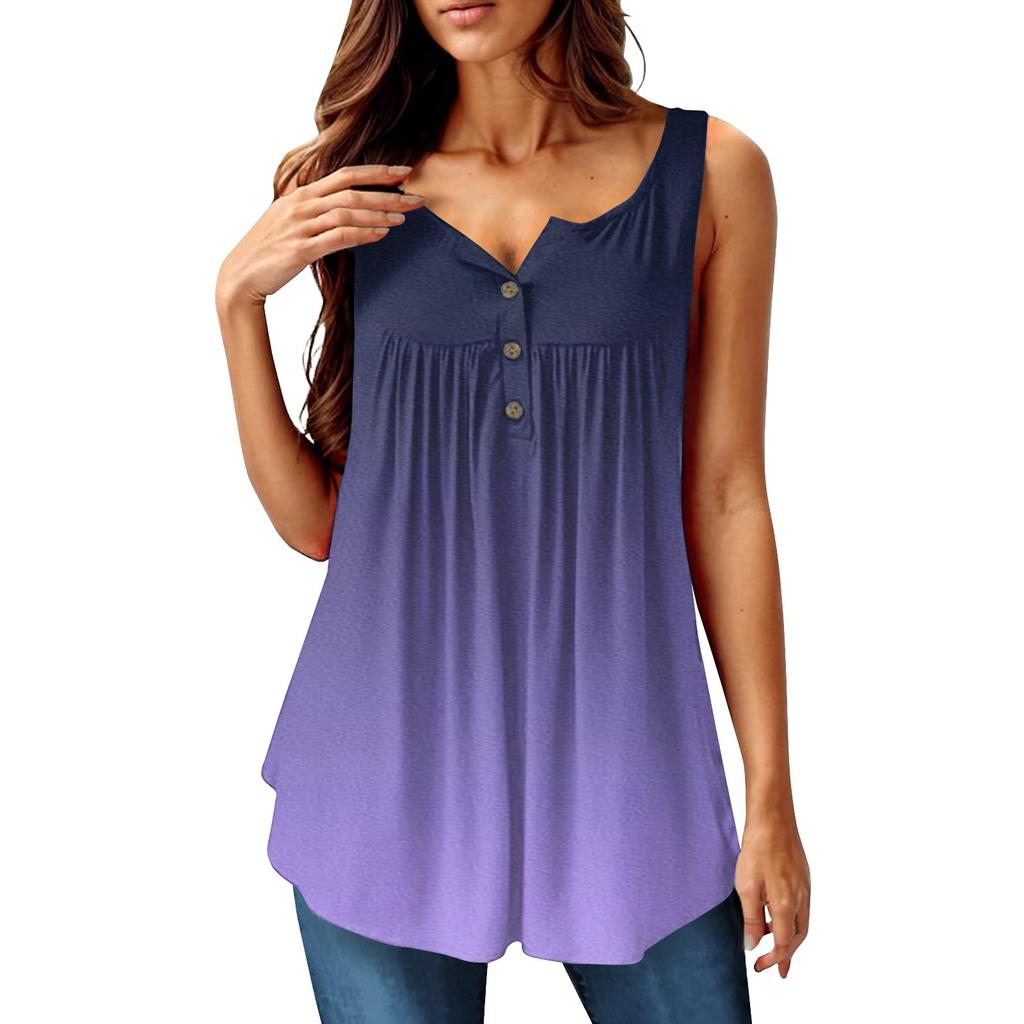 Women's Fashion Pleated Sleeveless Casual T-shirt Vest Button Top