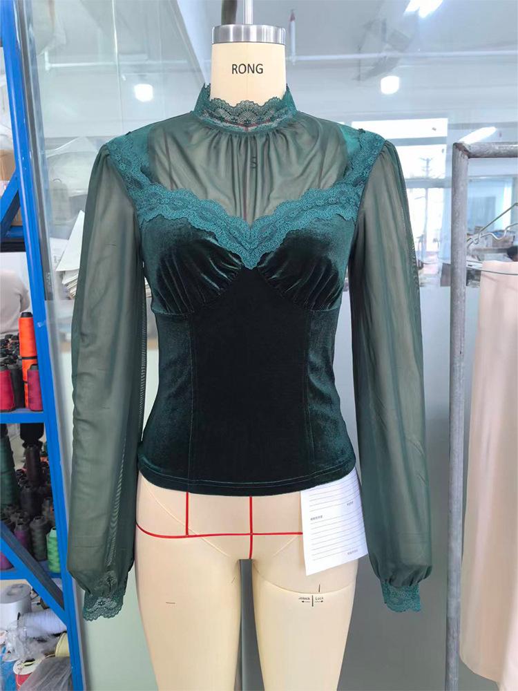 Elegant Spliced Mesh Bell Sleeve Lace-up Waist Top - Spring/Autumn 2026 Collection