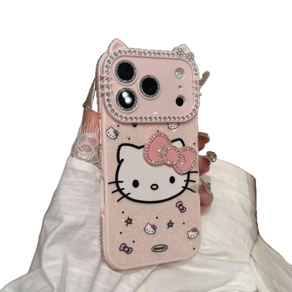 Cartoon Flash Diamond Bow Cat for iPhone17Pro Mobile Phone Case Apple 16promax Cute 15 New