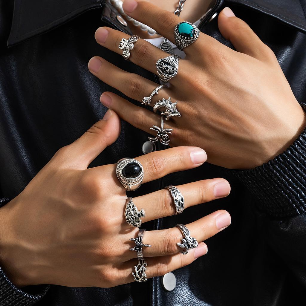 KunJoe 11pcs/set Punk Metal Geometric Irregular Animal Skeleton Rings for Men Vintage Blue Stone Rings Halloween Hiphop Jewelry
