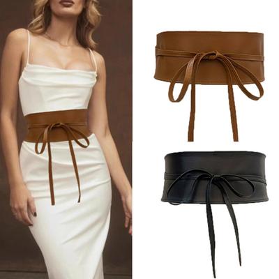 Women Girdle Smooth Faux Leather Solid Color Wide Lace Up Adjustable Anti-slip Firm Stitching Retro Slim Waist Decoration Dress Coat Sweater