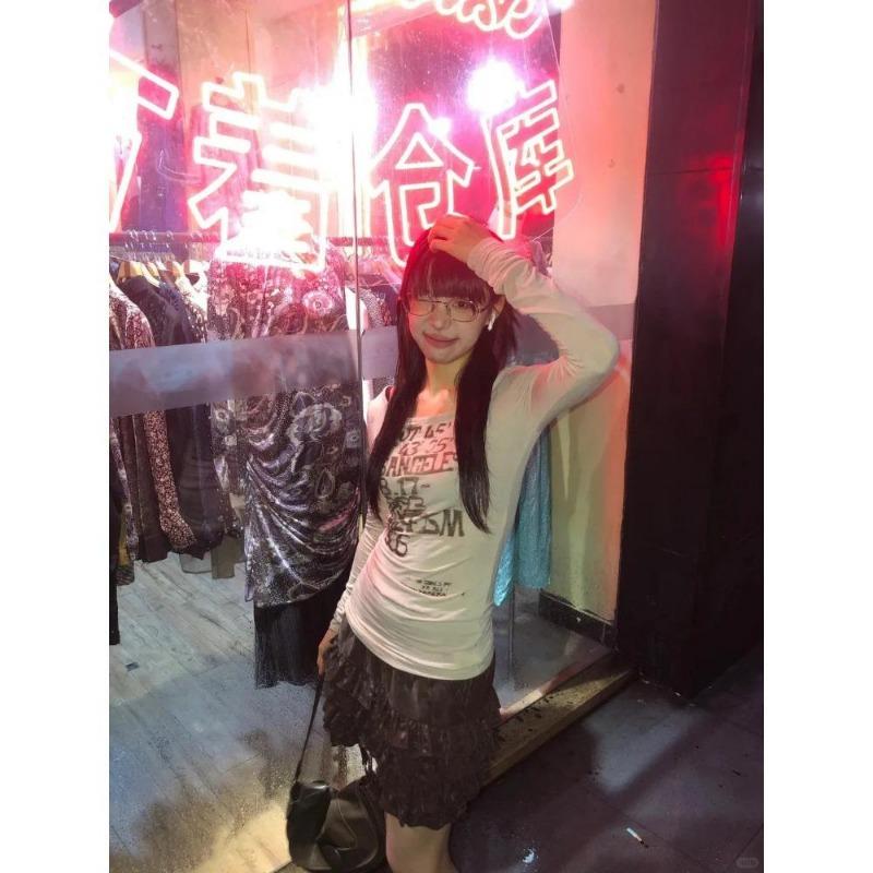 2KWEIRD Japanese Y2k Letter Print T-shirt Trashy 2000s Style Long Sleeve Ribbed Tops Vintage Harajuku Streetwear American Retro