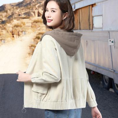 Fall Spring Women Corduroy Jacket Patch Pockets Hooded Loose Colorblock Elastic Cuffs And Hem Streetwear Office And Leisure Coat