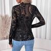 Damen Tops Rundhals Langarm Slim Fit Frühling Herbst Pullover Tops Durchsichtiges geometrisches Spitzenblumennetz T-Shirt