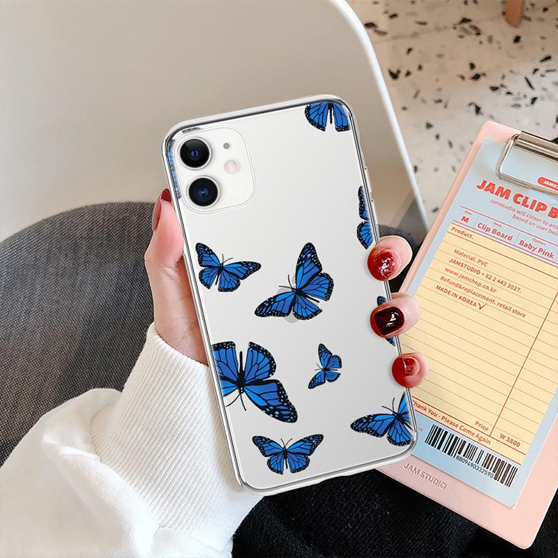 LUPWAY Blue Butterfly Aesthetic Silicone Soft For iPhone 13 Pro Max 7 8 Plus XS XR Back Cover For iPhone 11 12 Pro Max TPU Case