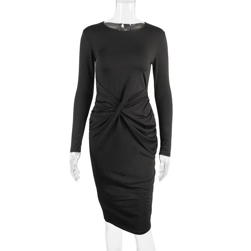 

Fashion Wind New round Neck Long Sleeves Ruched Solid Color Sheath Dress Hip Wrap Pleated Dress Black XS