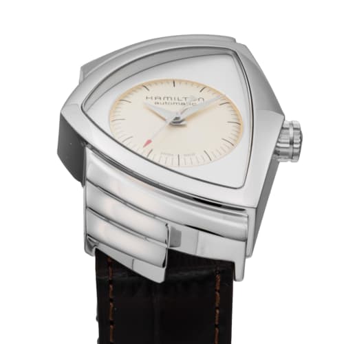 Hamilton VENTURA Men's 34.7mm Automatic Watch with Beige Dial, Stainless Steel, Sapphire Crystal, and Brown Leather Strap, H24515521, Swiss Brand.