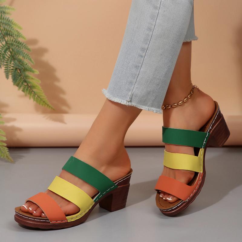 Fashion Fashion Mix Colours Bohemian Open Toe Shoes Women Leisure Round Toe Slippers Women 2025 Summer Square High Heels Shoes Women