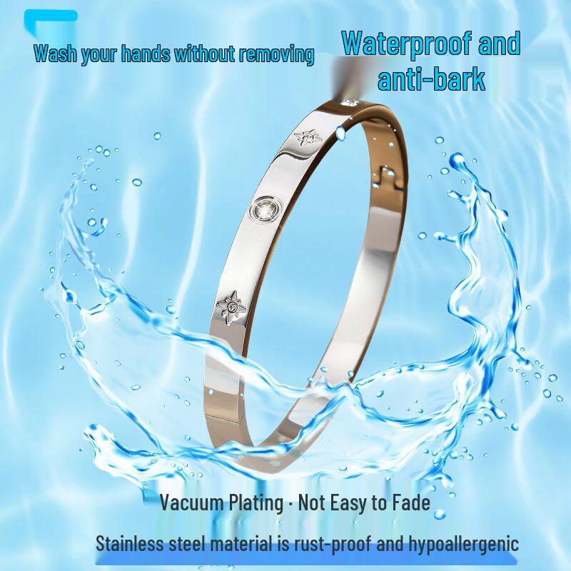 Titanium Steel Rhinestone Open Bangle with Eight-pointed Star Design - Fade-resistant Women's Bracelet