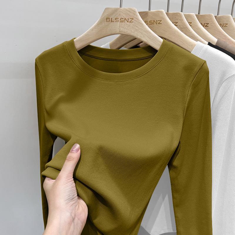 

Женский облегающий топ с длинными рукавами и средней горловиной, с нитками - 2024 Весна/Осень Однотонная Универсальная Рубашка Round neck, M