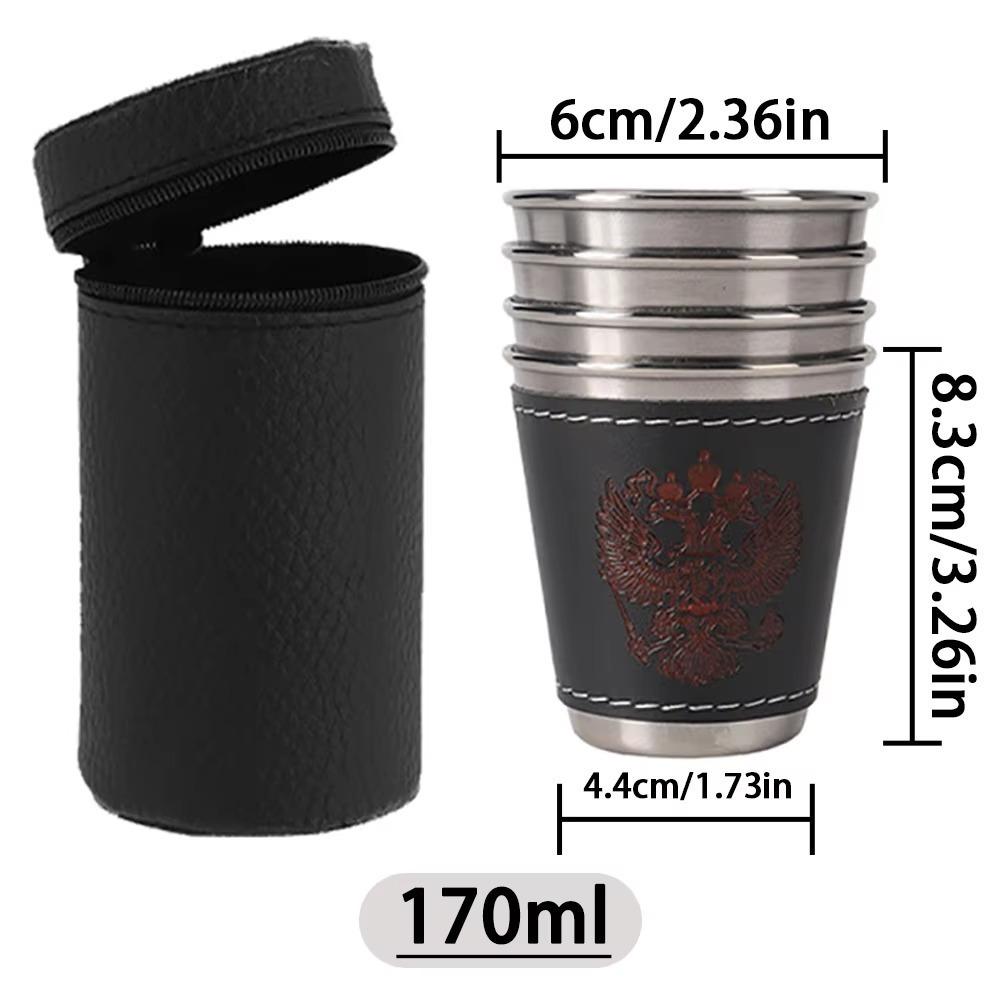 4Pcs Portable Outdoor Travel Cups Set Stainless Steel Portable Design Coffee Cup with PU Leather Cup Sleeve Beer Cup Camping
