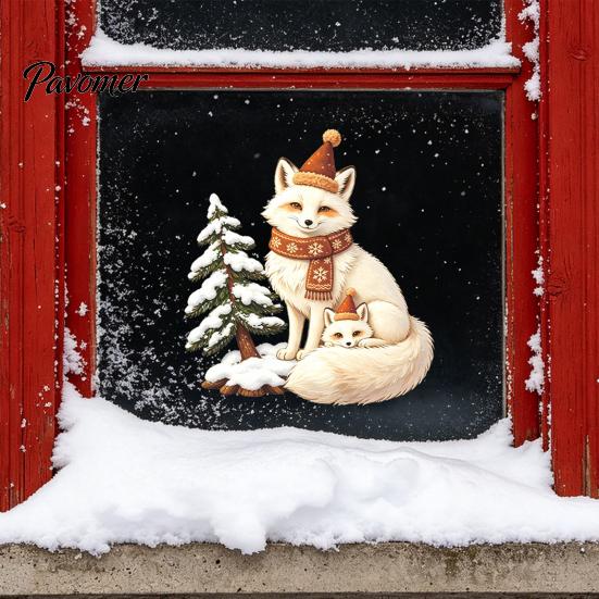 Transparent Glass Pattern Christmas Fox Window Clings, Winter Forest Animal Double-Side Sticker, Cute Graphics Reusable Static Decals for Holiday