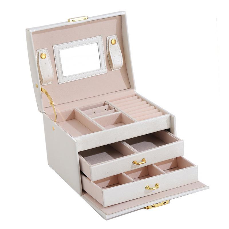 Portable Three-Tier Jewelry Box Wooden Storage Organizer for Earrings Necklaces Rings with Lock Cross-Border
