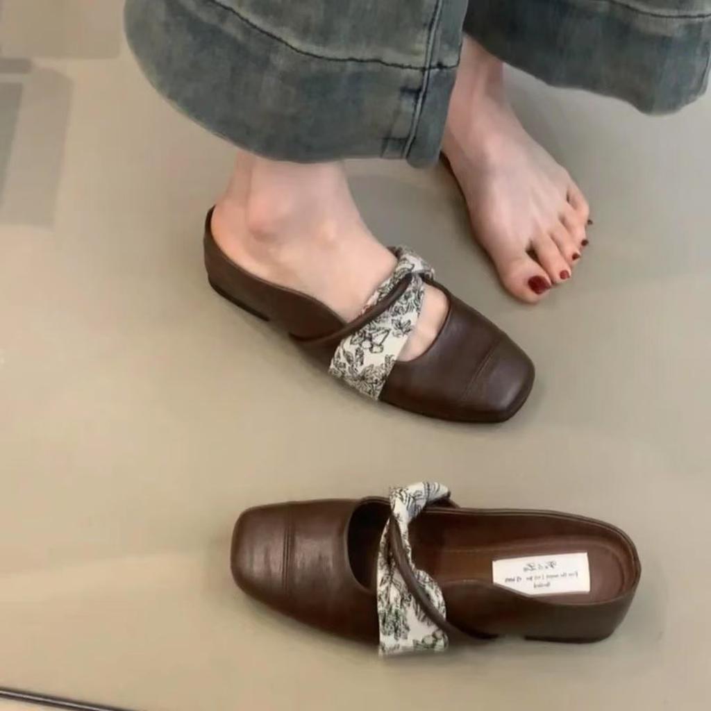 Inner height increase square head single shoes women's 2025 new leather one-word with shallow mouth bag head half drag sandals women's outer wear sum