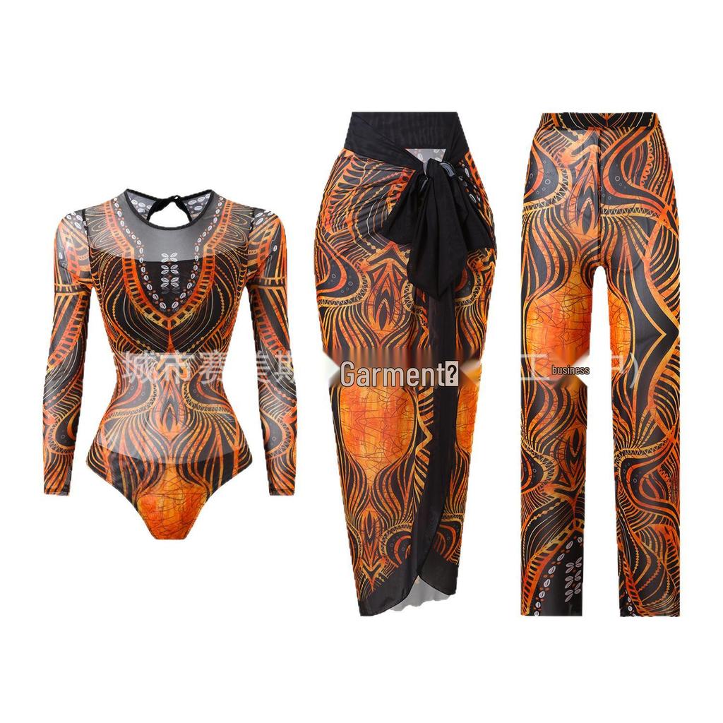 Women's Three-Piece Sun Protection Swimsuit Set with Mesh Pants