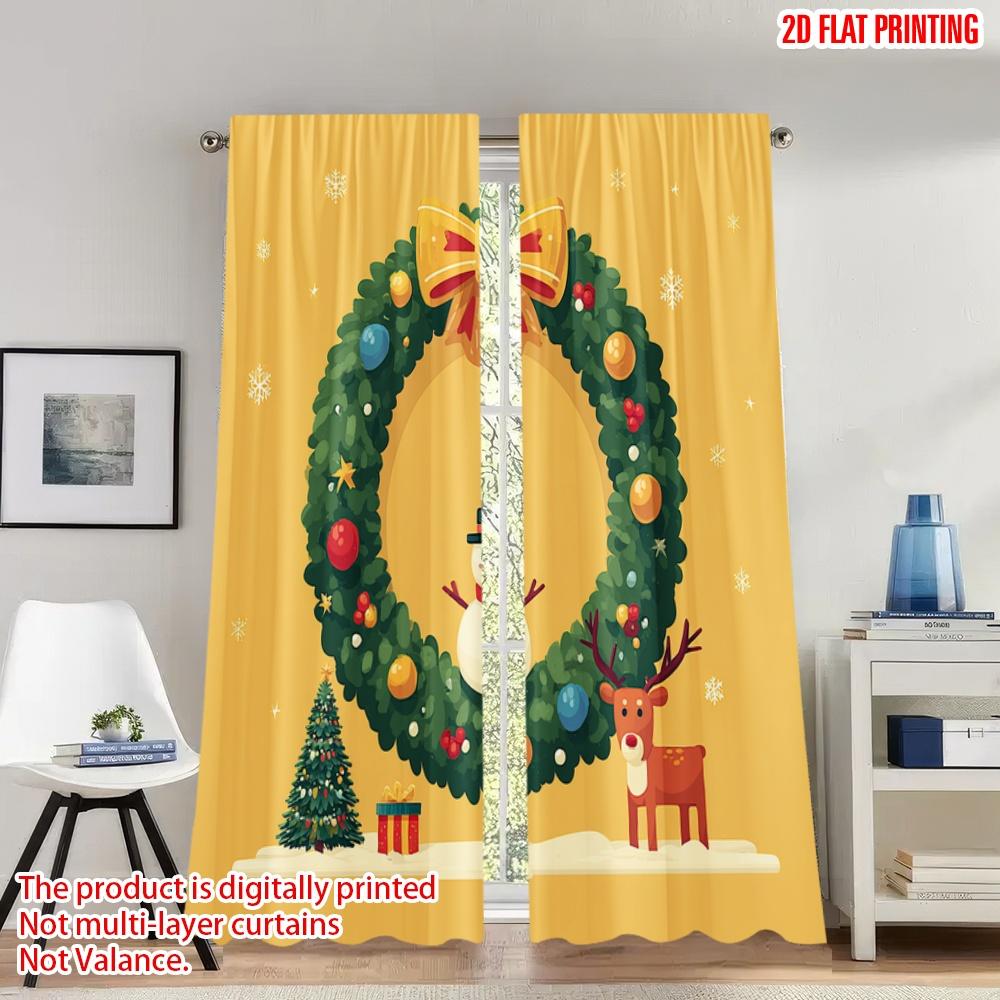 

Set Of 2 Flat Printing Christmas Hot Curtains Wreath Snowman Deer Tree Digital Printed Polyester Drapes Party Holiday Curtain W100*H70(CM)-Hooks&1PCS