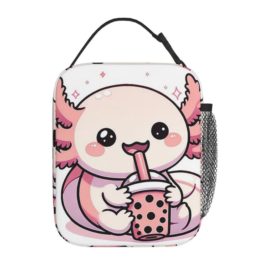 Cute Axolotl Milk Tea Print Insulated Lunch Bag for Women Kids Portable Food Boxes Thermal Lunch Box Tote