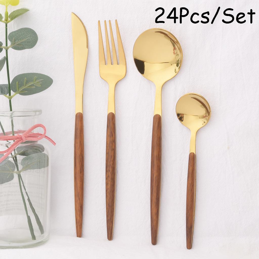 24 ks Černozlatá sada příborů s dřevěnou rukojetí Nerezová sada nádobí Nůž Vidlička Kávová Malé lžičky Stolní nádobí Kuchyňské Stříbrné nádobí