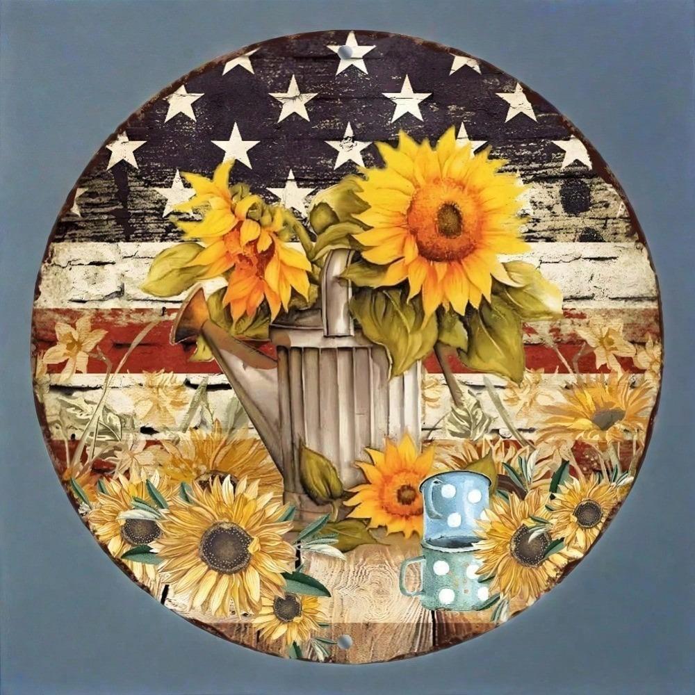 Vintage Round Metal Tin Sign American Flag Sunflower Rustic Wall Art Home Decor