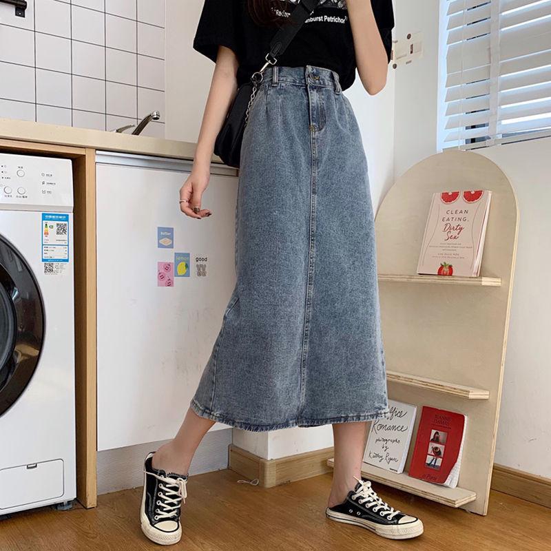 2021 High-Waisted Retro A-Line Denim Midi Skirt: HyunA Style Slimming Slit Summer Edition
