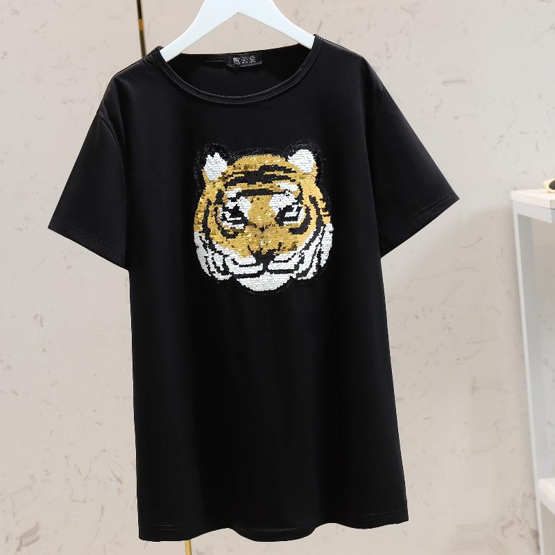 

Летняя свободная женская футболка с пандой и тигром, модные топы больших размеров с короткими рукавами 3XL чёрный