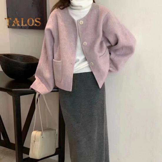 Fall Winter Women Jacket Crew Neck Single-breasted with Side Pockets Loose Short Type Woolen Jacket Shopping Commuting Daily Coat
