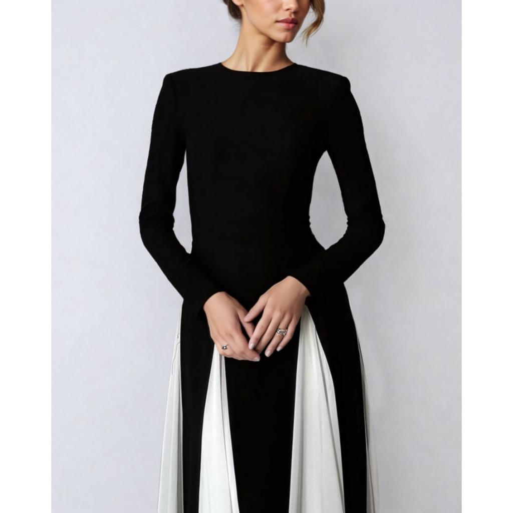 Fall Winter New European American Women's Clothing, Crew Neck Colorblock Long Sleeve High Waist Slim Elegant Vintage Evening Dress