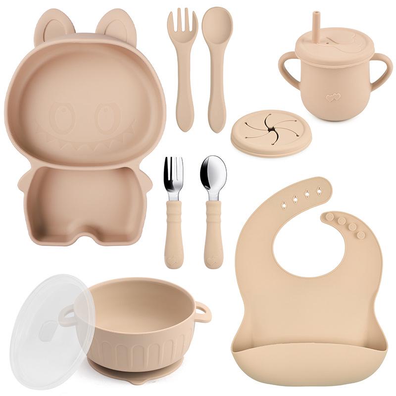 Baby Silicone Dinnerware Set: Silicone Bowl, Cartoon Plate, Bib, Divided Stainless Steel Spoon, Fork, Cup.