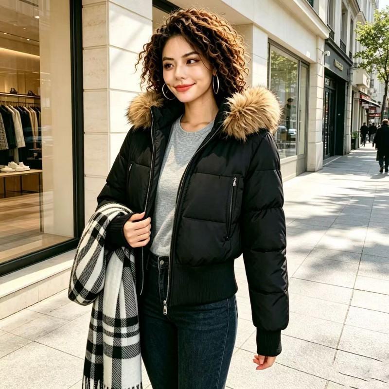 Cappotto invernale da donna in cotone con colletto in pelliccia sintetica, vestibilità slim, spesso, caldo, con cappuccio, parka
