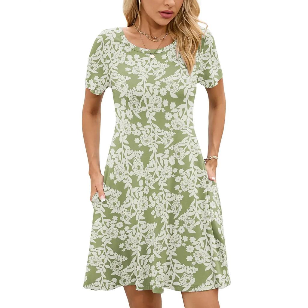 Women's Fashion Spring And Summer Round Neck Printed Short Sleeve Large Swing Dress