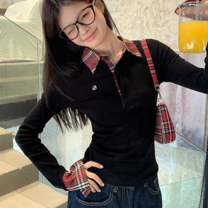 

Женский осенний топ с длинным рукавом и воротником поло в клетку, облегающего кроя, с вышивкой, двухкомпонентный стиль Medium