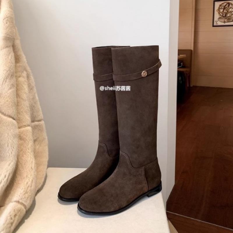 Lamswolversie~ Kleine gouden gesp leren platte hoge laarzen dames brede schacht laarzen dikke benen ridderlaarzen