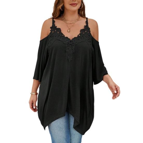 

Women Blouse V-Neck 3/4 Sleeves Off Shoulder Straps Pullover Tops Asymmetric Lace Splicing Pure Color Mid-length Summer Tops XXXL