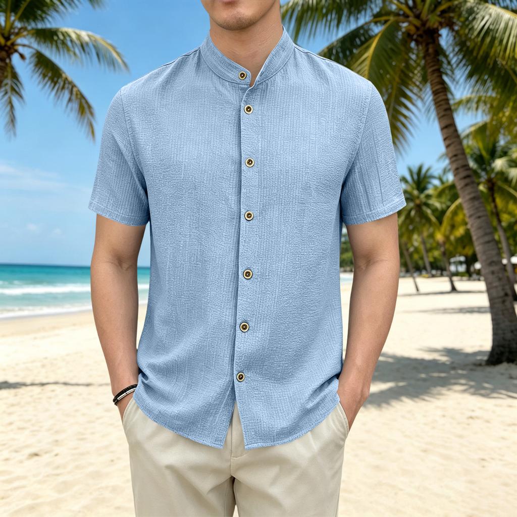 Men's Casual Loose Fit Short Sleeve Shirt Stand Collar Button Front Lightweight Summer Top