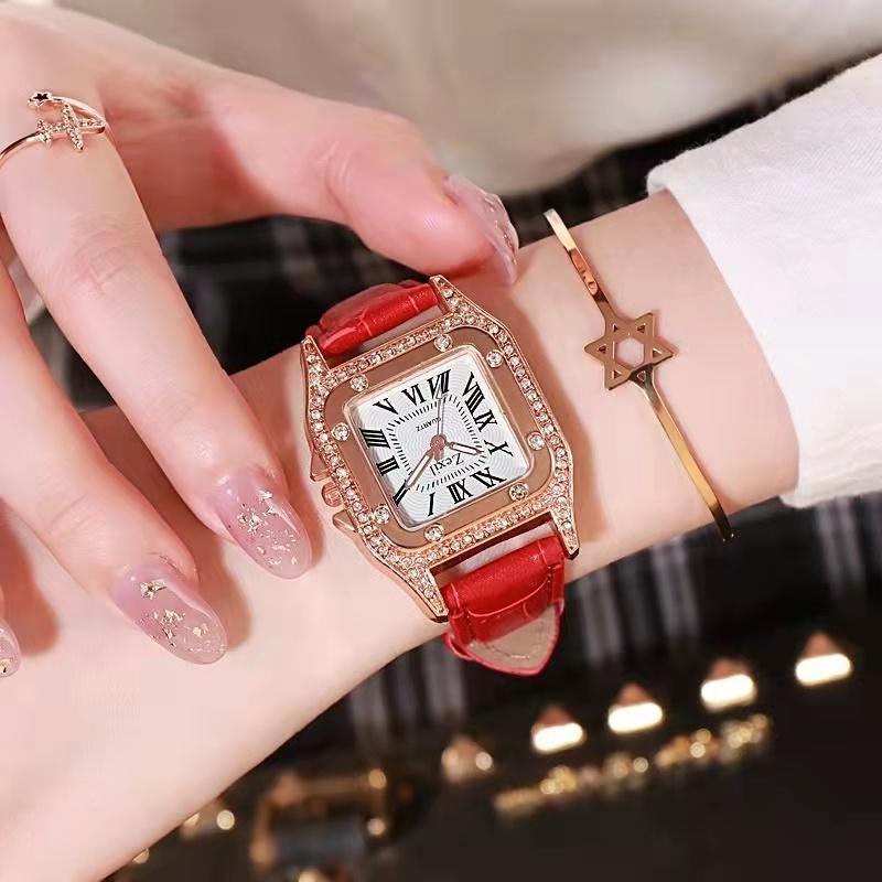 Fashionable Casual Ladies Watch Spot Set Auger Ms Roman Square Watch Women Watch Female Skin with Table