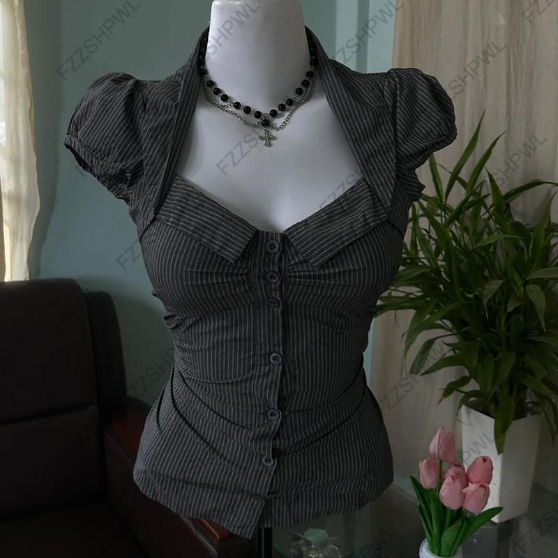 VAYLA Knopf Harajuku Y2k Trägertop Streifen Grafikdruck Punk Crop Top Streetwear Rock Goth Weste Subkultur Spicy Girls Ärmelloses Top S gray