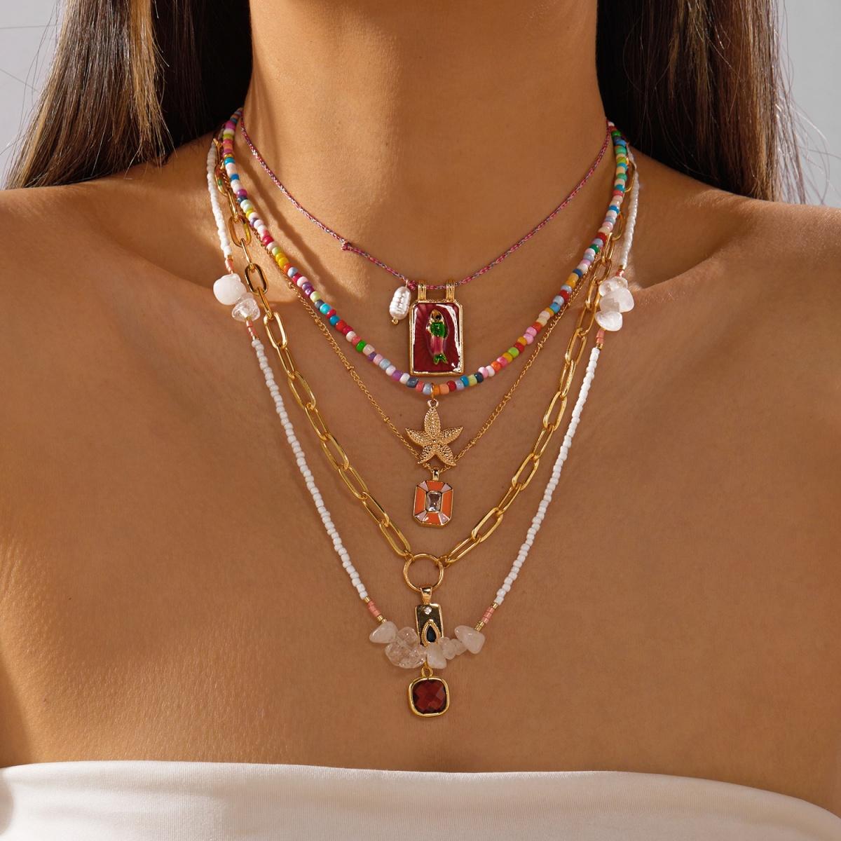 

Multilayer Starfish Enamel Square Fish Crushed Stone Rice Beaded Necklace For Women Men Summer Woven Stackable Choker Jewelry