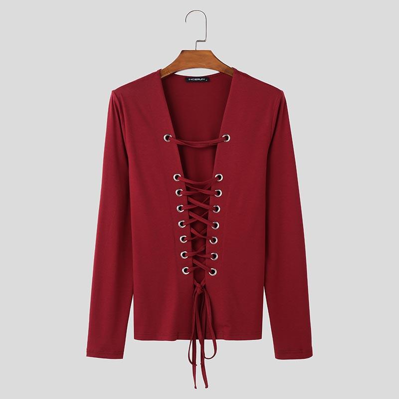 

INCERUN Men Long Sleeve Hollow Out Lace-up Bandage Skinny T-shirts Tops 3XL вина червоного кольору