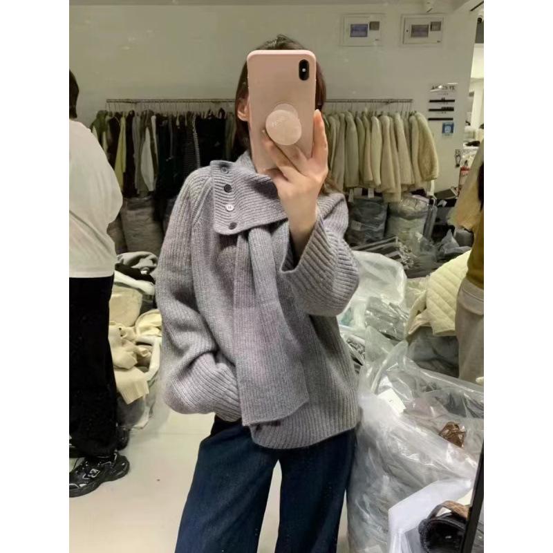 2024 Women's Korean Style Long Sleeve Scarf Collar Knit Sweater
