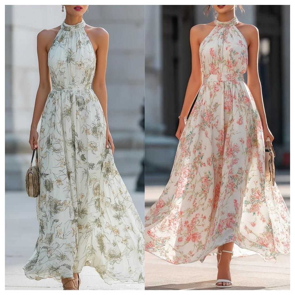 Elegante Vestido Maxi Floral con Cuello Halter para Mujer 2026, Vestido Largo de Gasa Fluido sin Mangas, Ropa de Playa y Fiesta de Verano